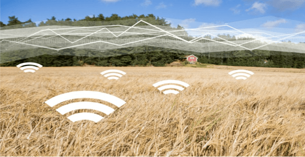 Ilustração de campo aberto com cobertura 4G privada do AgroNet-LTE/IoT, conectando sensores e dispositivos no ambiente rural.