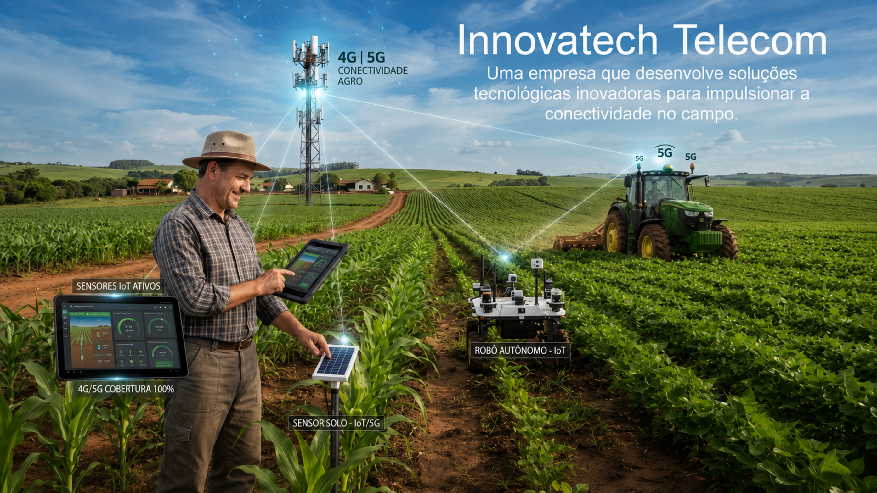 Ilustração da solução AgroNet 4G/5G para conectividade no campo, conectando máquinas, sensores IoT, drones, silos, rebanhos e propriedades rurais