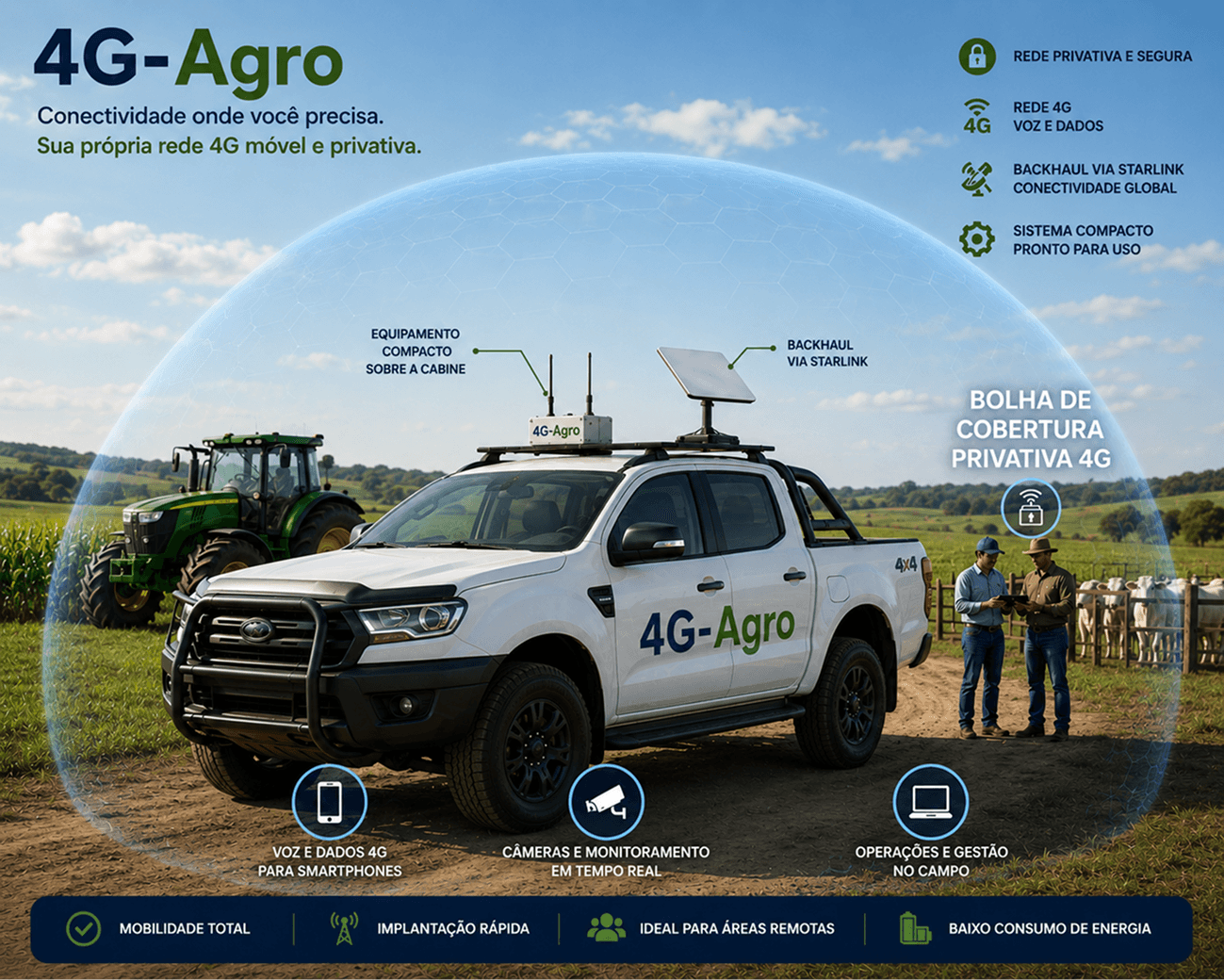 Sistema 4G-Agro fornecendo cobertura privada 4G para operações agrícolas.